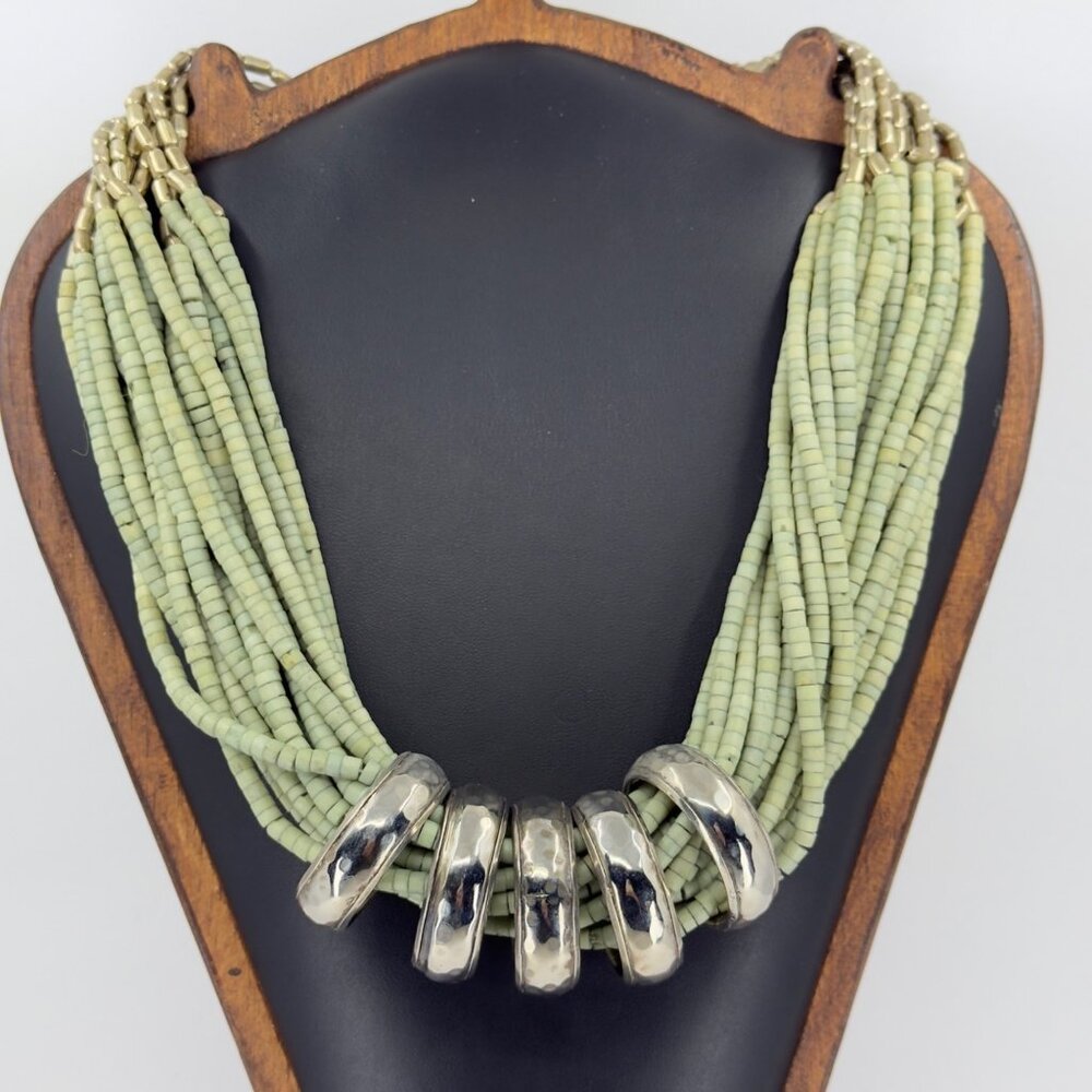 Green Multi Strand Beaded Necklace With Hammered Silver-Tone Rings Gold Beads
